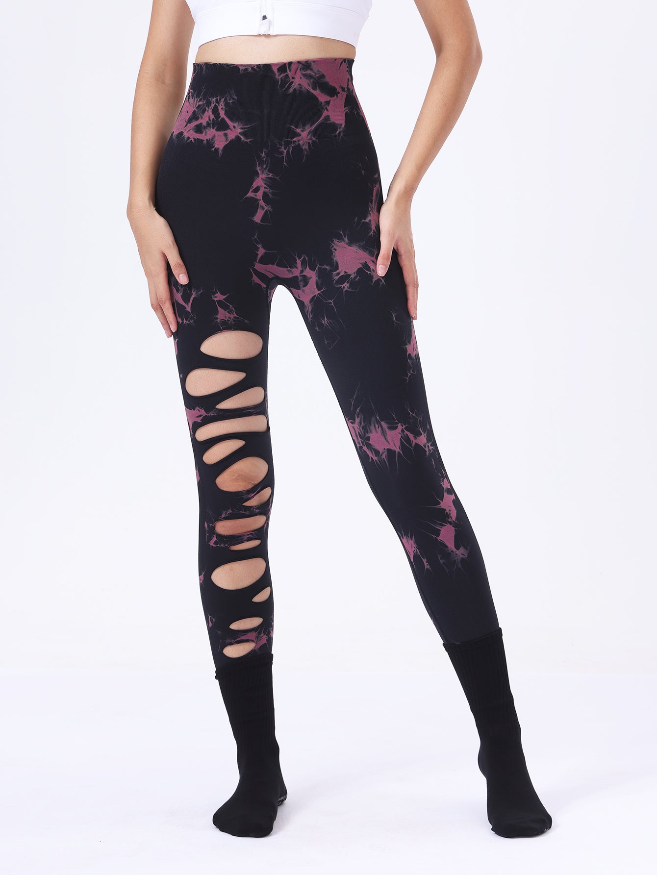 2 Pack Hollow Sexy High Elastic Women's Tie Dye Cutout Tights High Waist Workout Yoga Leggings, Scrunch Butt Lifting Elastic Pants, Tummy Control Butt Lifting Workout Yoga Athletic Pants